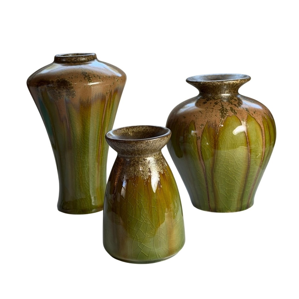 Set of 3 Olive Green Crackle Glaze Ceramic Vases Decorative Bud Vase Trio Decor
